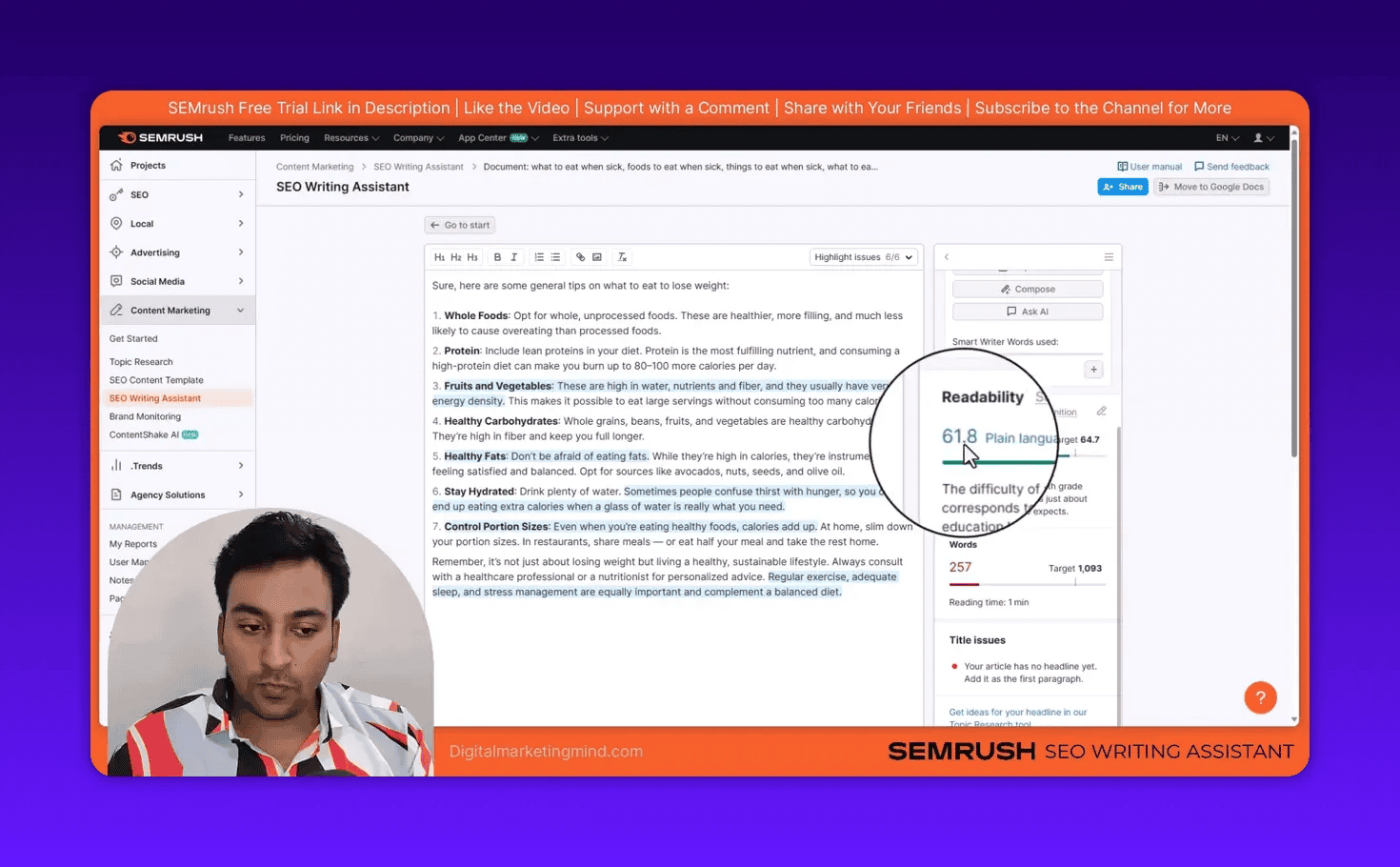 SEMrush SEO Writing Assistant showing readability 61.8 with target 64.7 and words 257 of 1,093