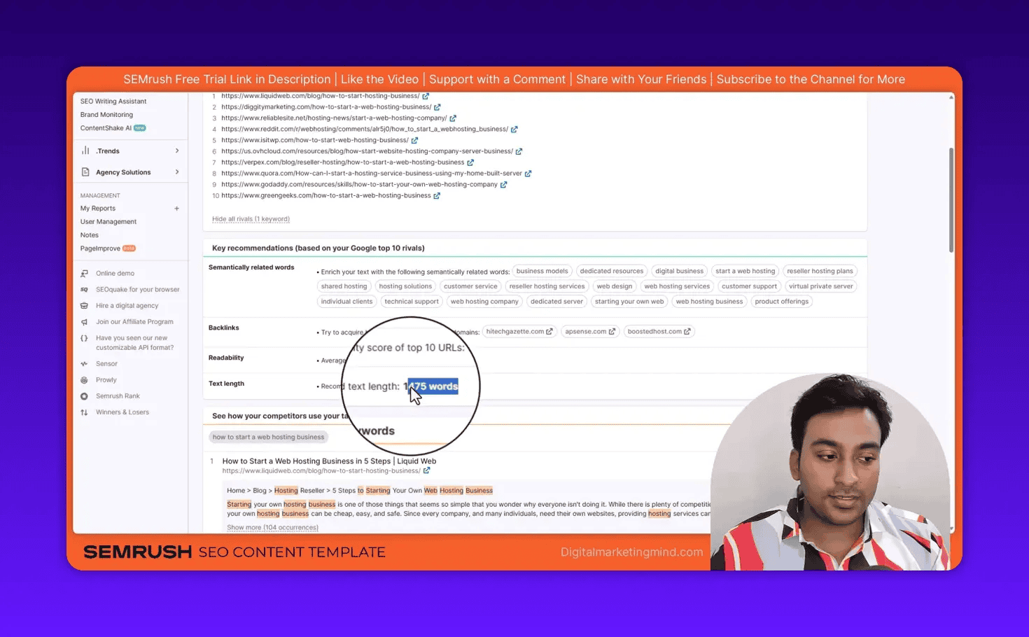 SEMrush Content Template screenshot with magnifier highlighting '1475 words' recommended text length, clear interface and speaker overlay.