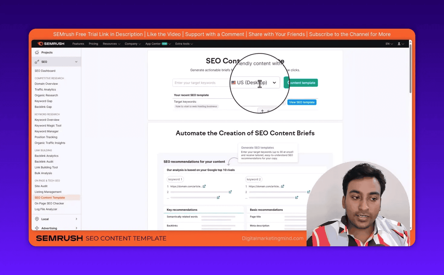 SEMrush SEO Content Template screen with magnified country/device dropdown showing US (Desktop) and the Create content template button