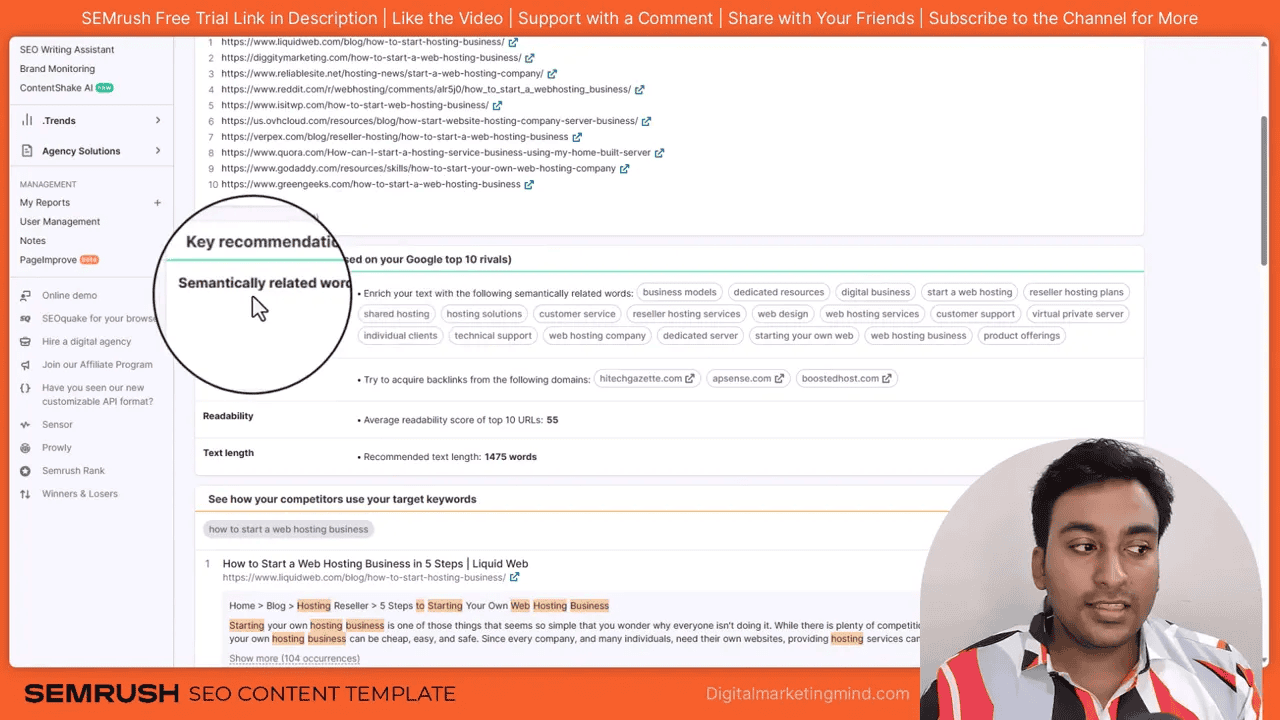 Semrush SEO Content Template showing semantically related words and readability recommendations