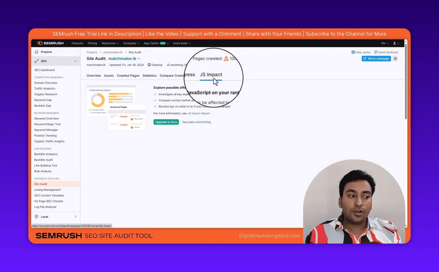 Semrush Site Audit screen with the 'JS Impact' tab magnified and cursor over it