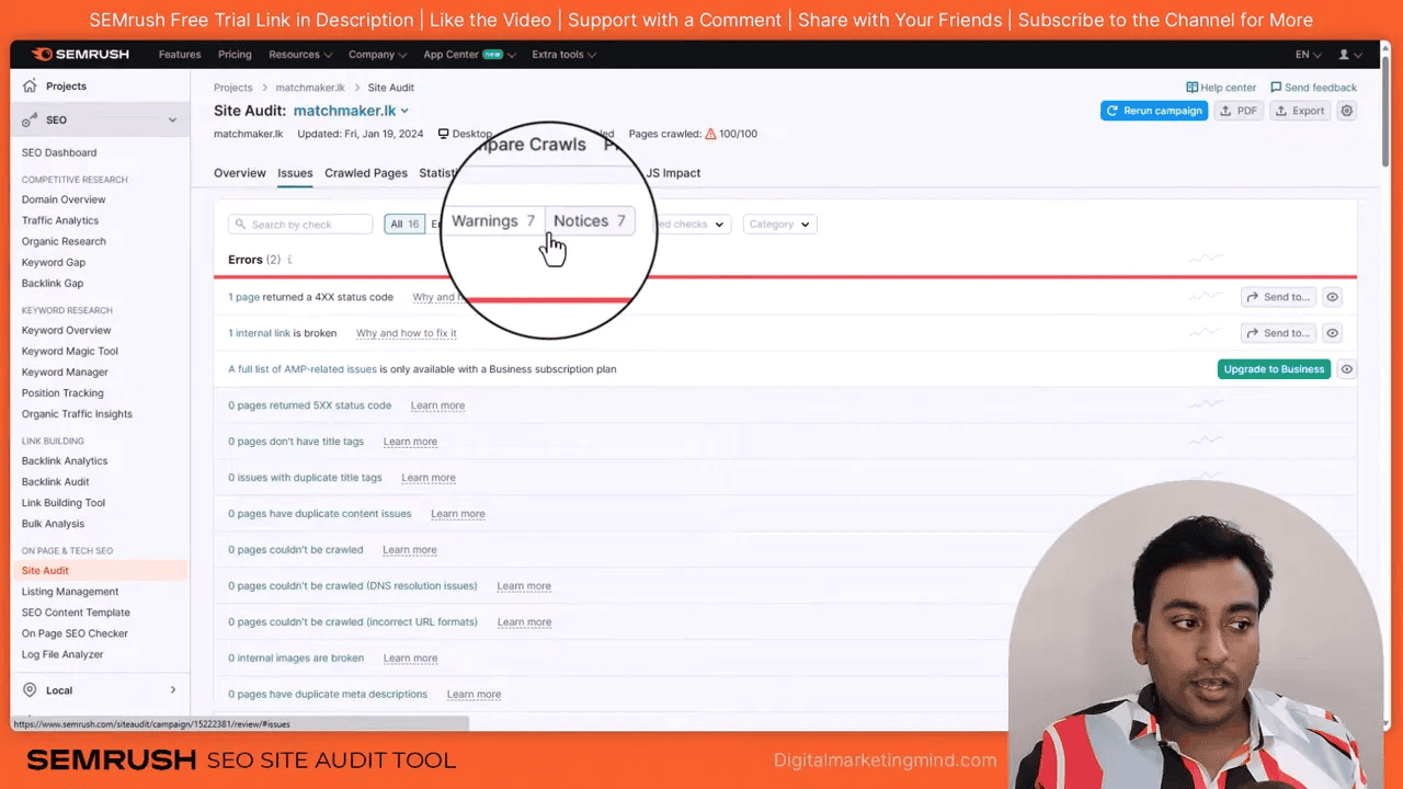 SEMrush Site Audit Issues page showing magnified 'Warnings 7' and 'Notices 7' indicators with presenter overlay