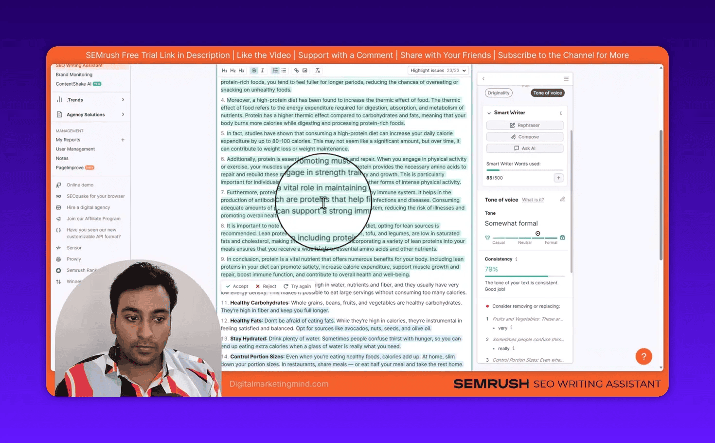 SEMrush editor with Smart Writer controls (Rephraser, Compose, Ask AI) and right-hand scoring panel visible