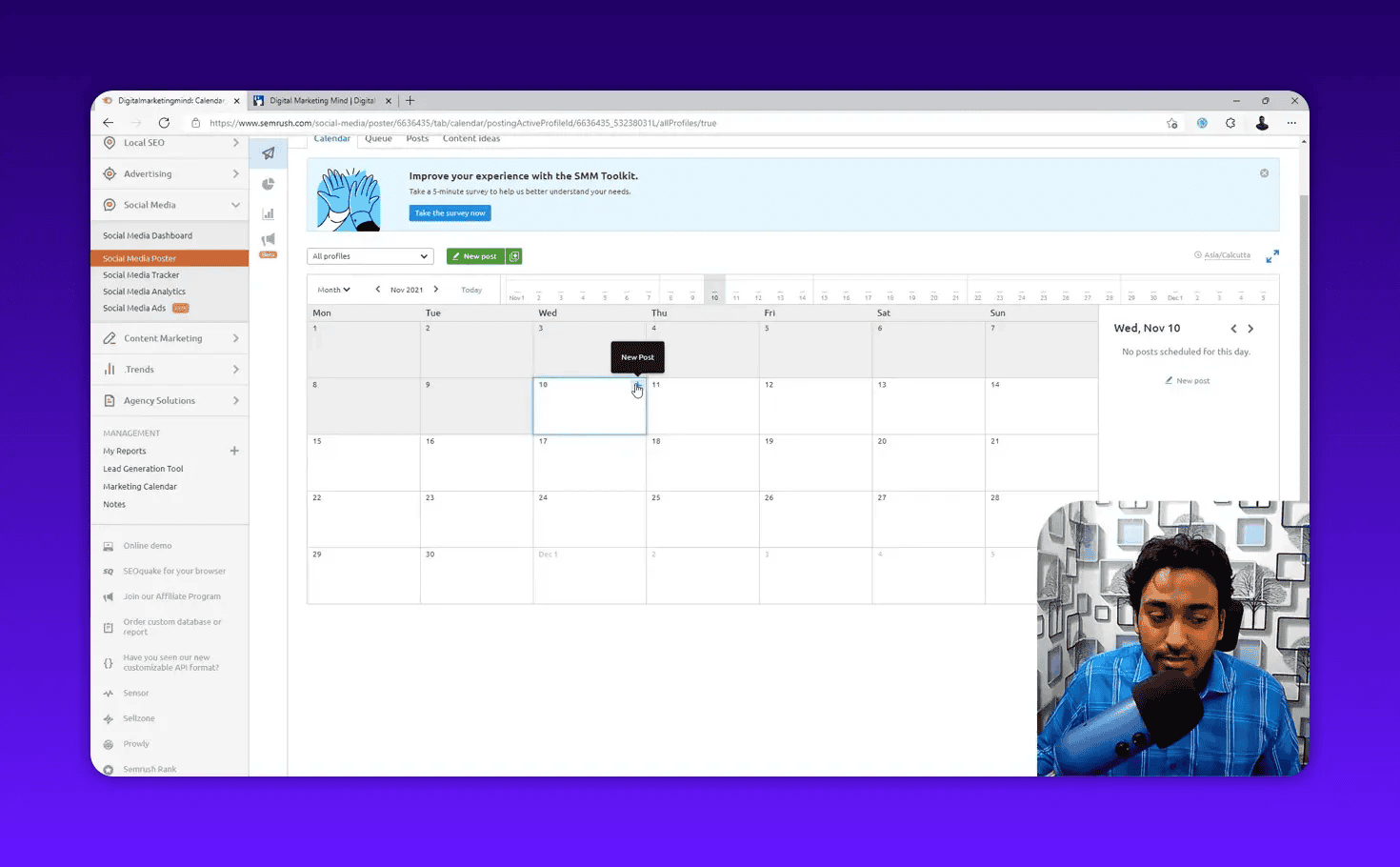 Semrush Social Media Poster calendar with a selected date, 'New Post' tooltip and presenter video overlay