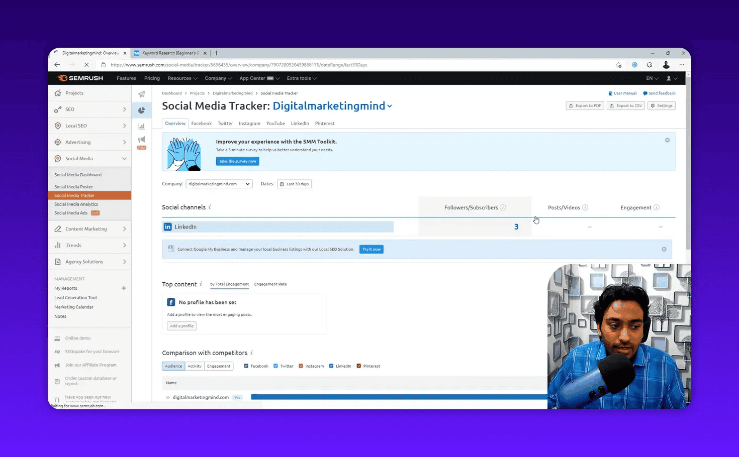 Semrush Social Media Tracker dashboard (Overview tab) showing LinkedIn channel, followers/subscribers metric and comparison widgets with a presenter overlay in the bottom-right.