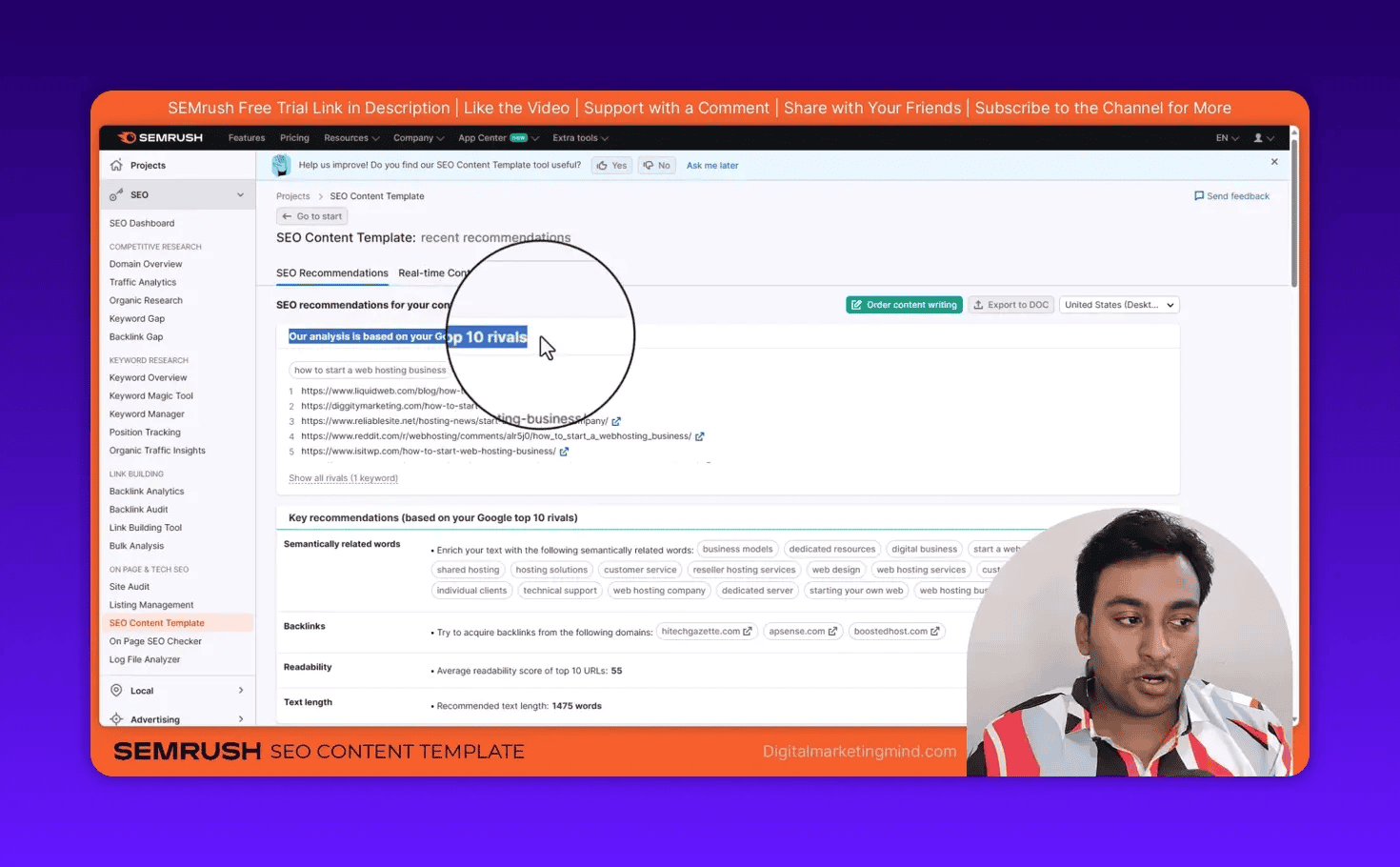 SEMrush SEO Content Template showing the text 'Our analysis is based on your Google top 10 rivals' with magnifier