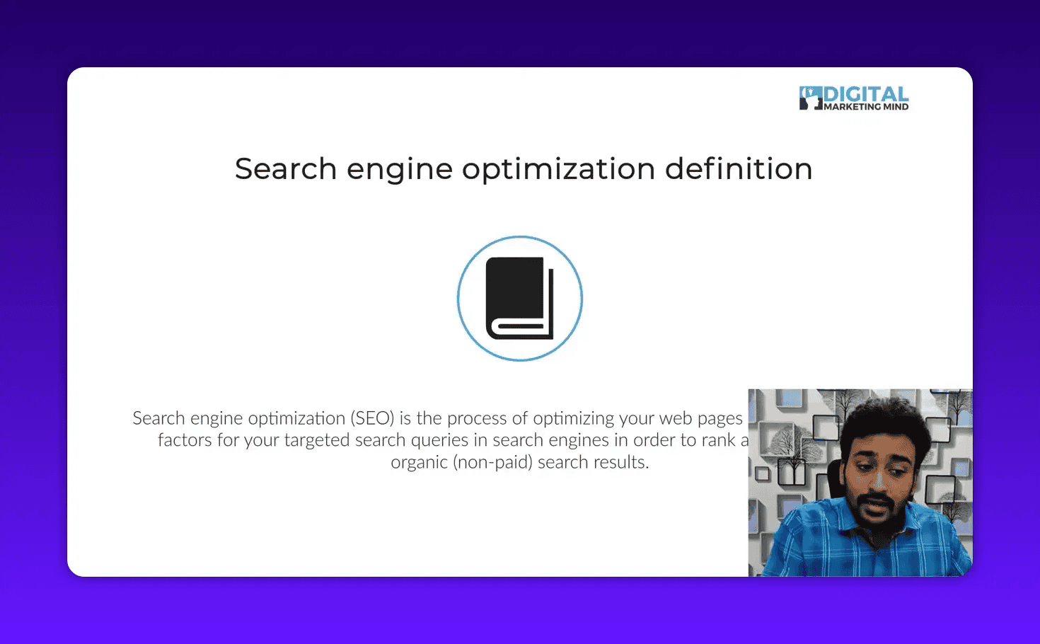 Clean presentation slide titled 'Search engine optimization definition' with a centered book icon, readable definition text and small presenter inset in the lower-right