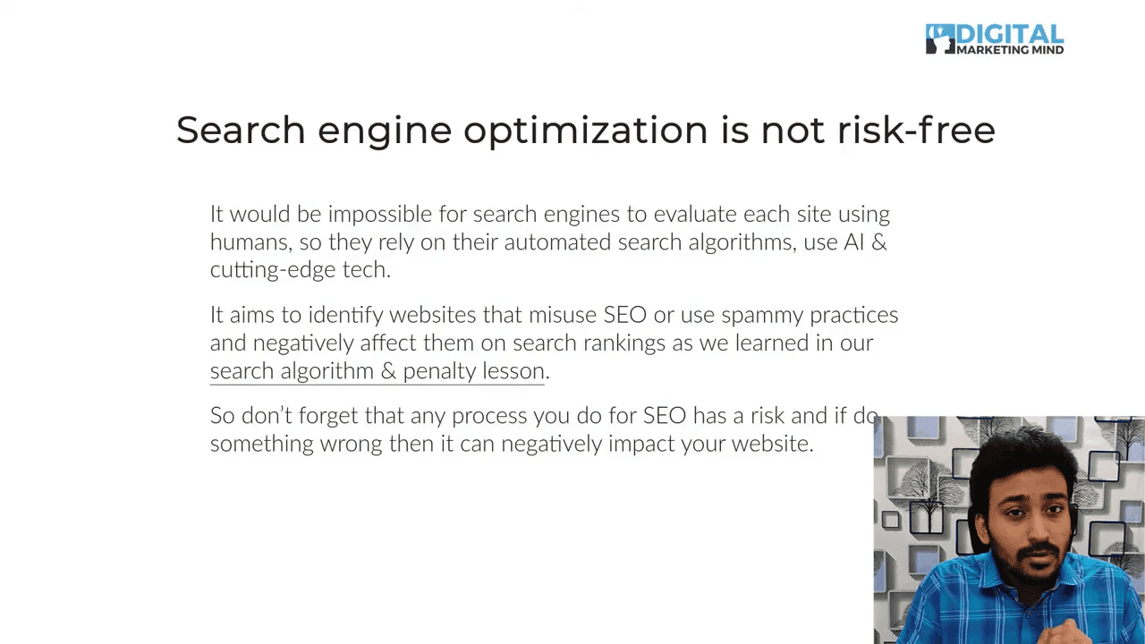 Presentation slide reading 'Search engine optimization is not risk-free' with explanatory bullet paragraphs and a small presenter inset bottom-right.