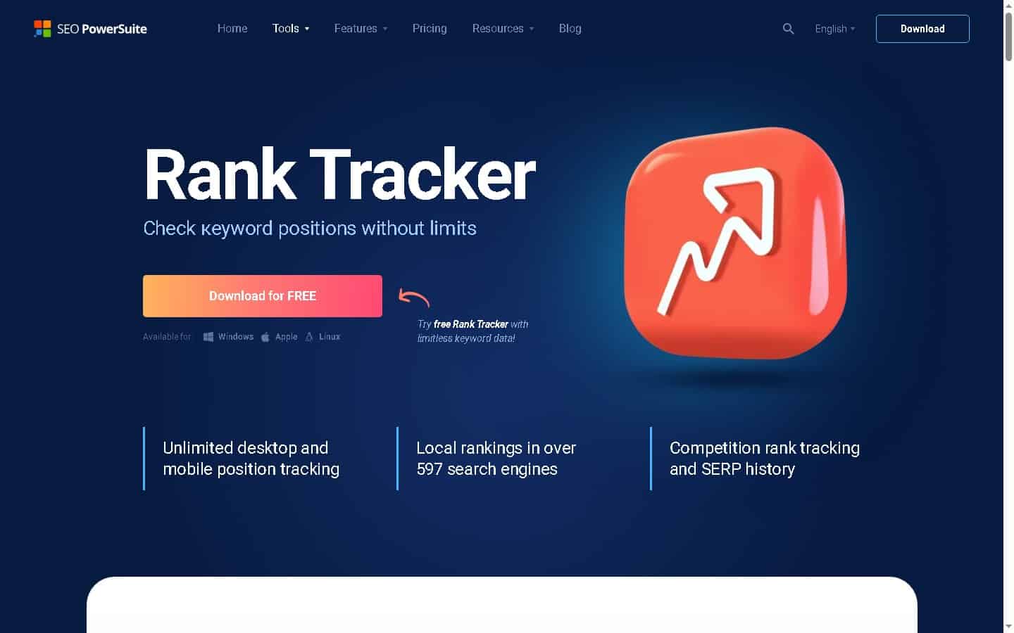 SEO PowerSuite Rank Tracker desktop application page showing unlimited keyword position tracking across 597 search engines