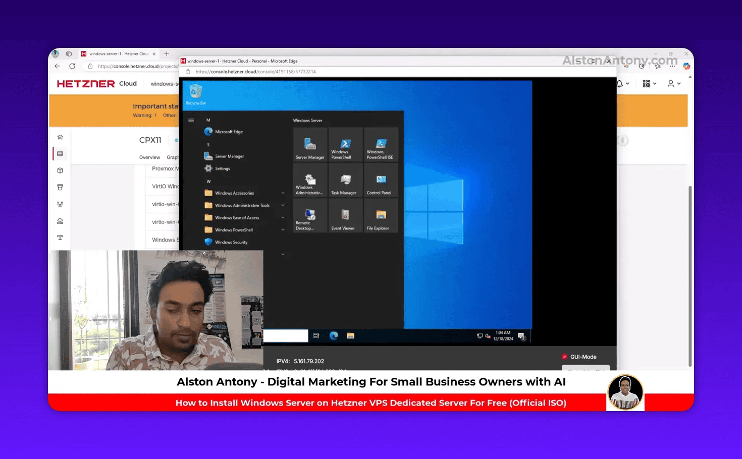 Windows Server desktop in the Hetzner console showing Server Manager with a Remote Desktop tile and a webcam overlay