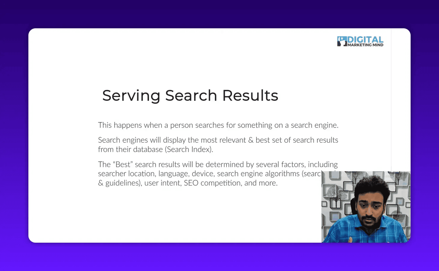 Clear presentation slide 'Serving Search Results' with readable text and a small presenter inset at the lower-right corner.