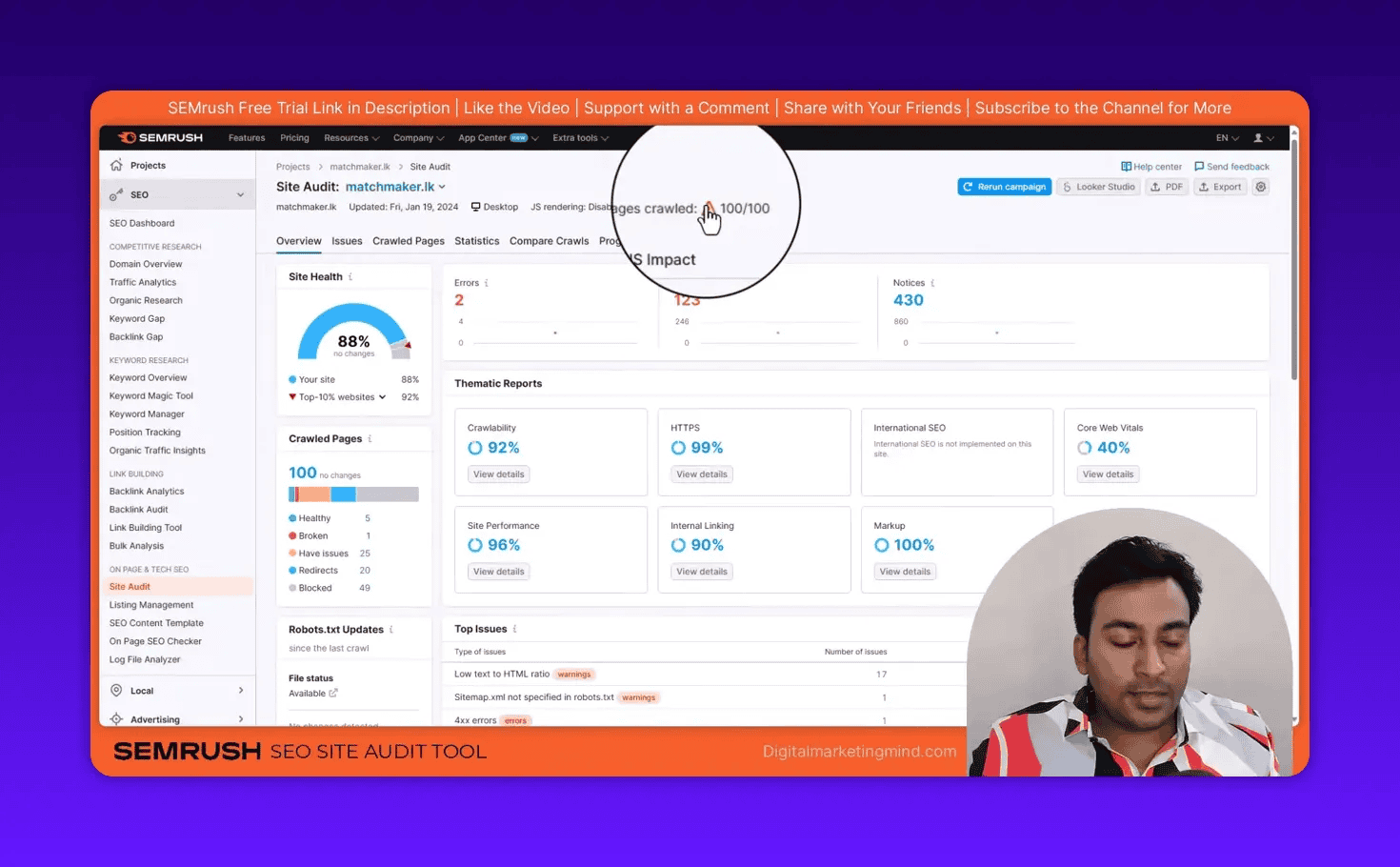 Semrush Site Audit dashboard showing Site Health score with Errors, Warnings and Notices