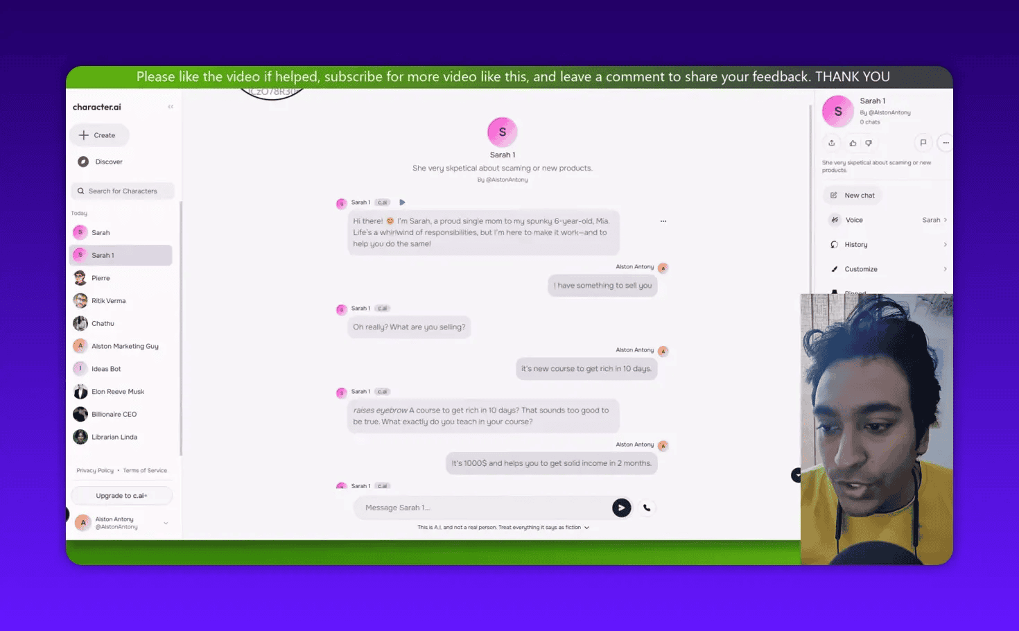 Character.ai chat showing a message 'raises eyebrow A course to get rich in 10 days? That sounds too good to be true' with presenter video inset