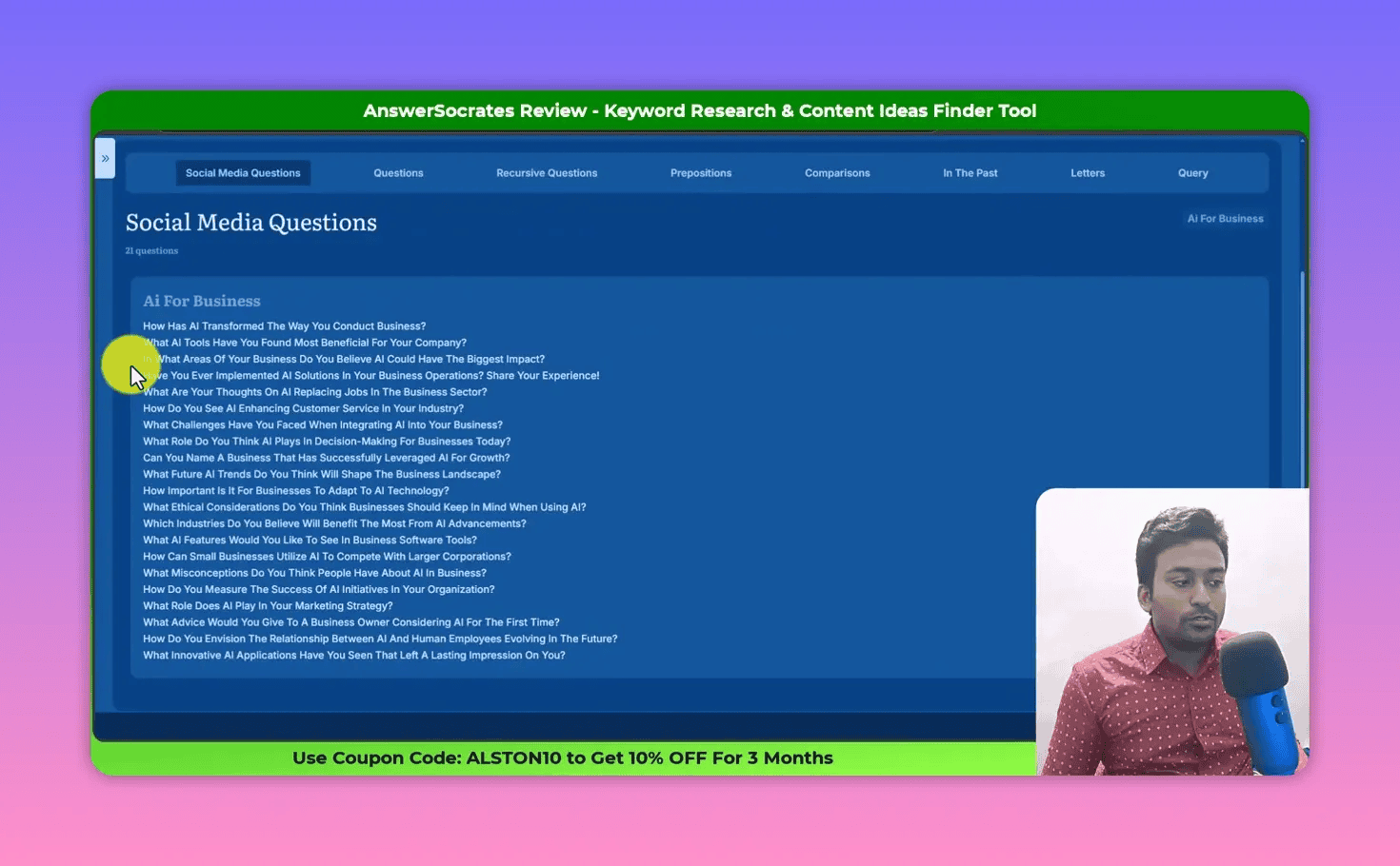 Social Media Questions list in Answer Socrates showing multiple conversational question suggestions