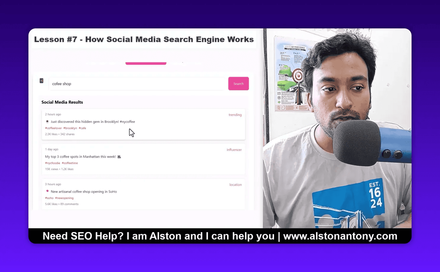 Social media search results listing for 'coffee shop' with a cursor over a result and a presenter speaking into a microphone at right