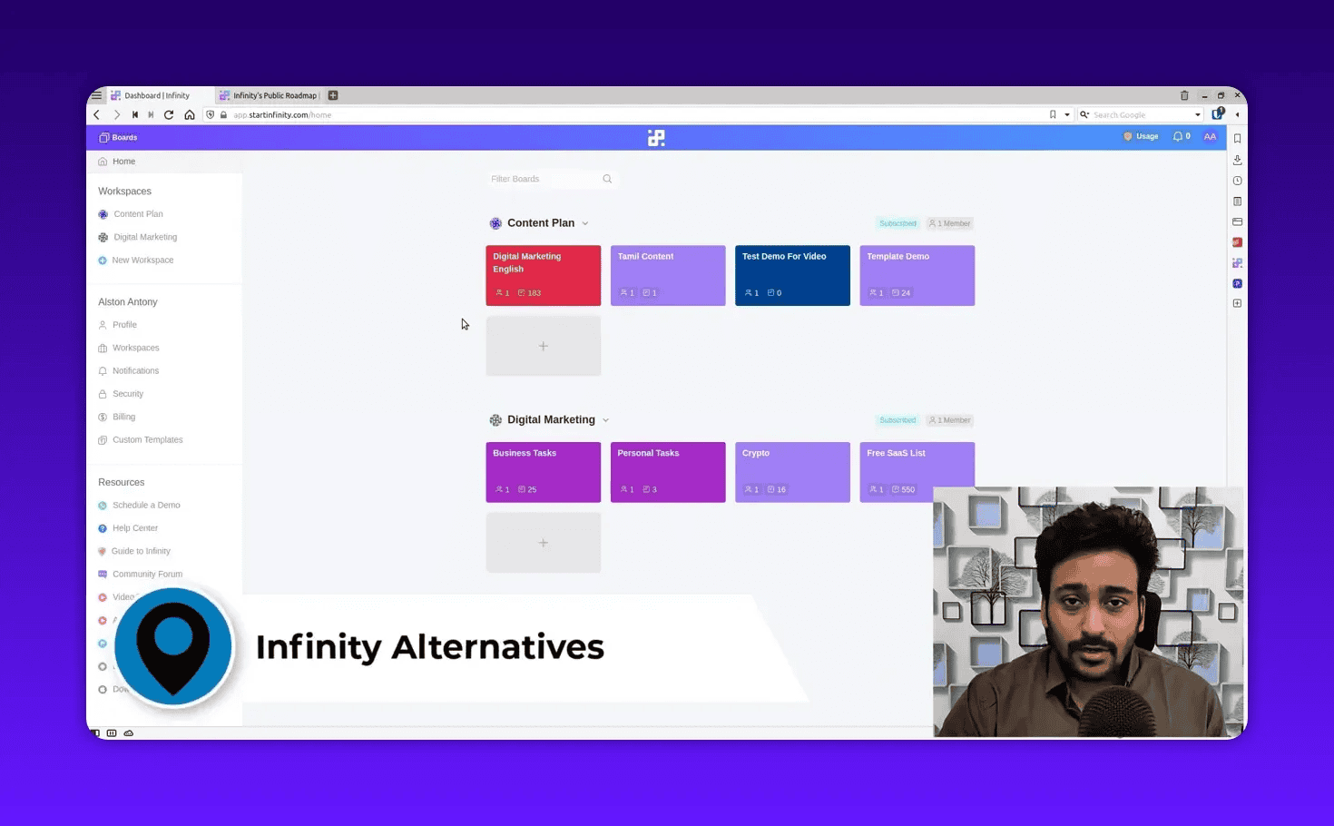 Start Infinity workspace with a large 'Infinity Alternatives' banner and presenter inset — comparison callout.