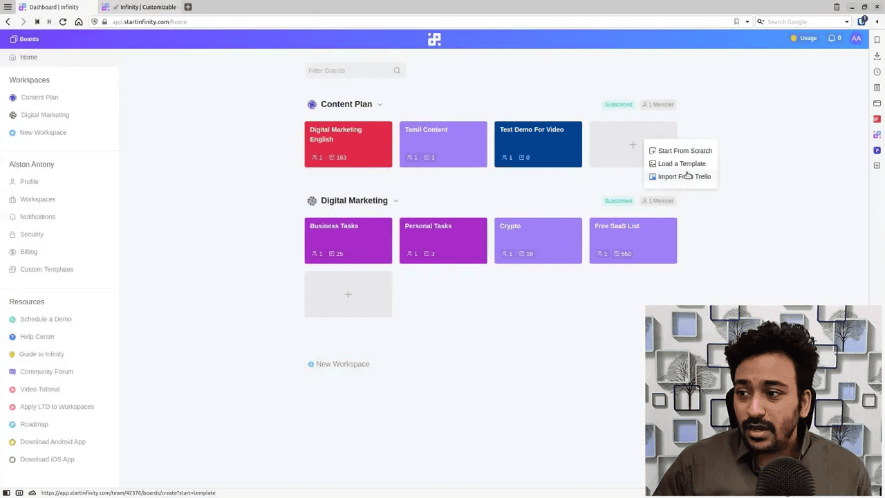 Start Infinity workspace dashboard showing boards, workspaces, and member/subscription badges