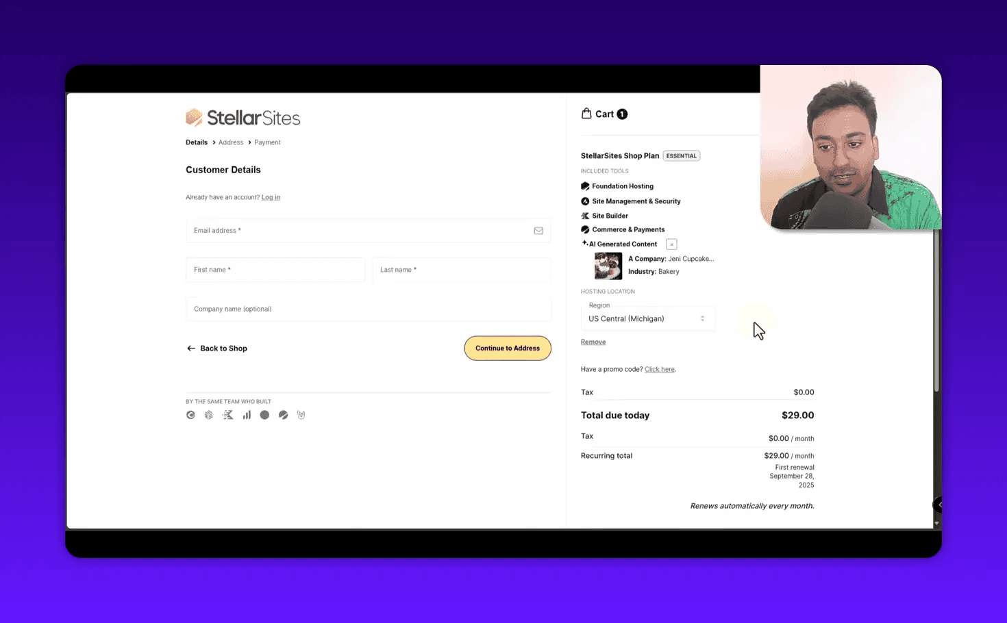 StellarSites checkout and cart summary with 'Total due today $29.00' clearly visible and presenter inset in the top-right.