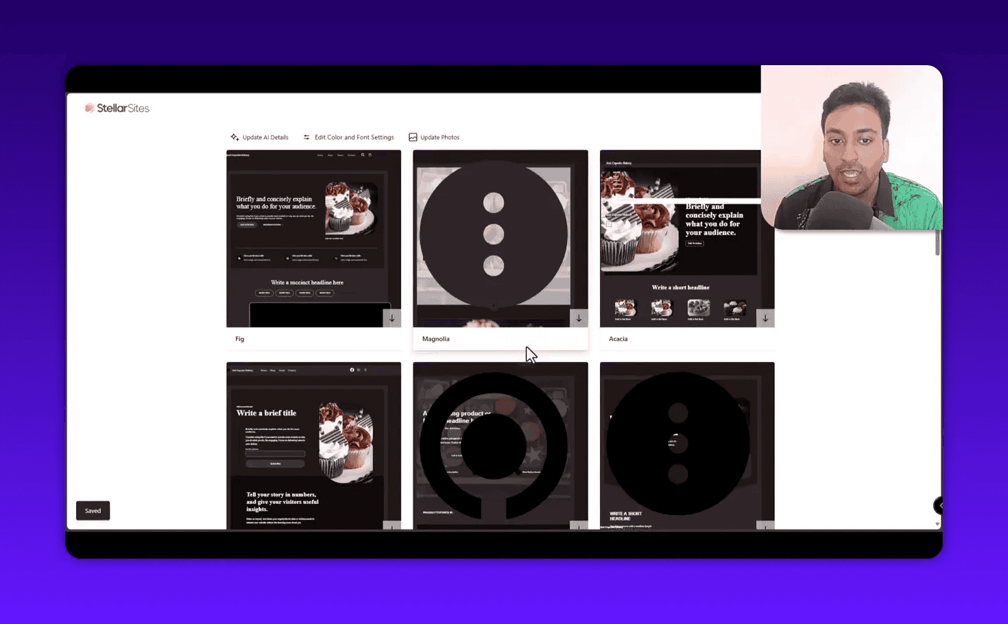 StellarSites design template gallery showing multiple theme thumbnails (Fig, Magnolia, Acacia) with a presenter inset