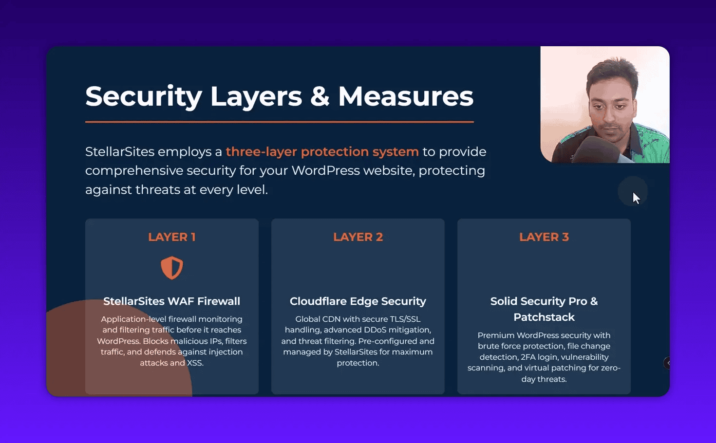 Slide 'Security Layers & Measures' with three cards describing StellarSites WAF Firewall, Cloudflare Edge Security and Solid Security Pro & Patchstack; presenter inset in the top-right. Text and cards are clear and readable.