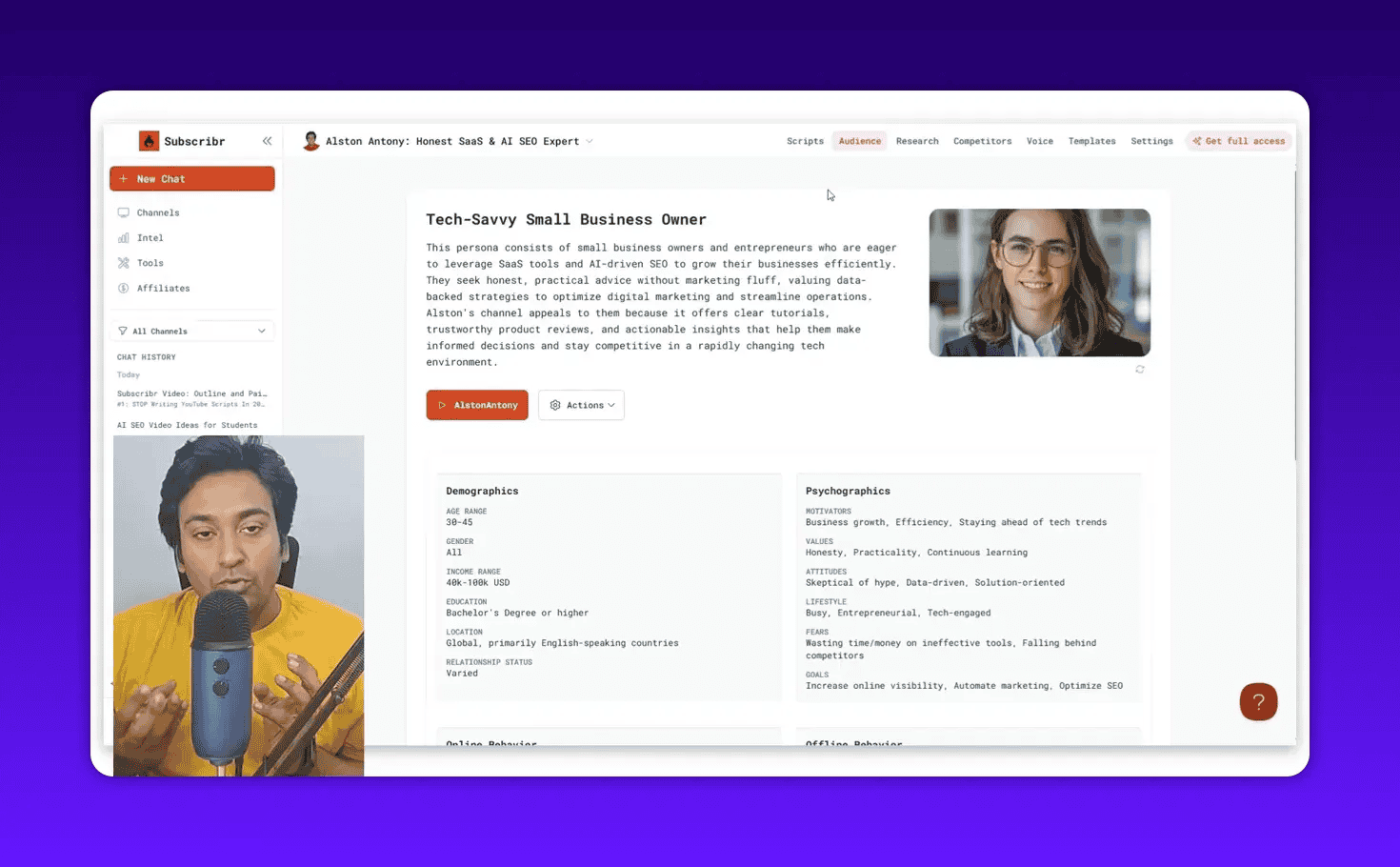 Close view of Subscribr's 'Tech‑Savvy Small Business Owner' persona page showing persona summary, demographics and psychographics