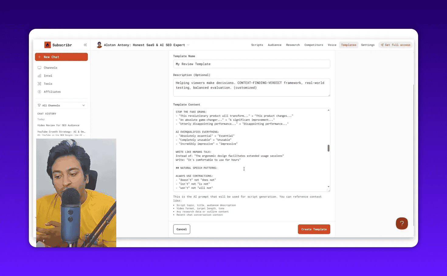 Subscribr Templates editor showing guidance like 'Stop the fake drama' and natural speech patterns in the template body with presenter inset