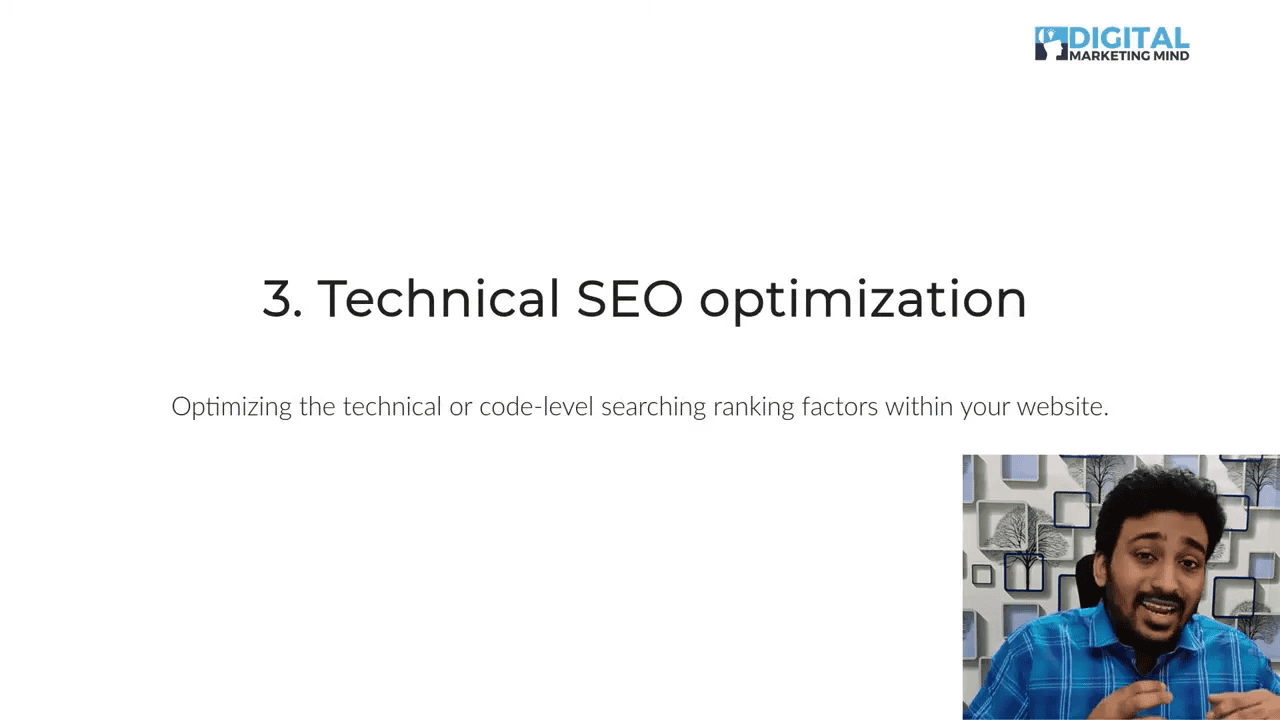 Slide titled '3. Technical SEO optimization' with subtitle about optimizing code-level ranking factors and a small presenter inset in the corner.