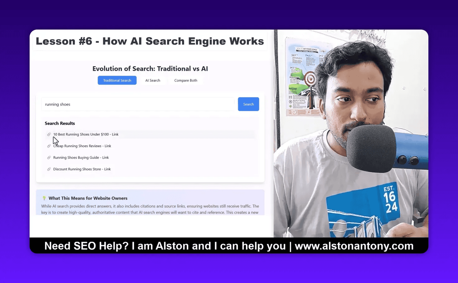 Crisp screenshot of a traditional search mockup showing 'running shoes' query and a list of link-style results with a cursor over the top result, presenter to the right