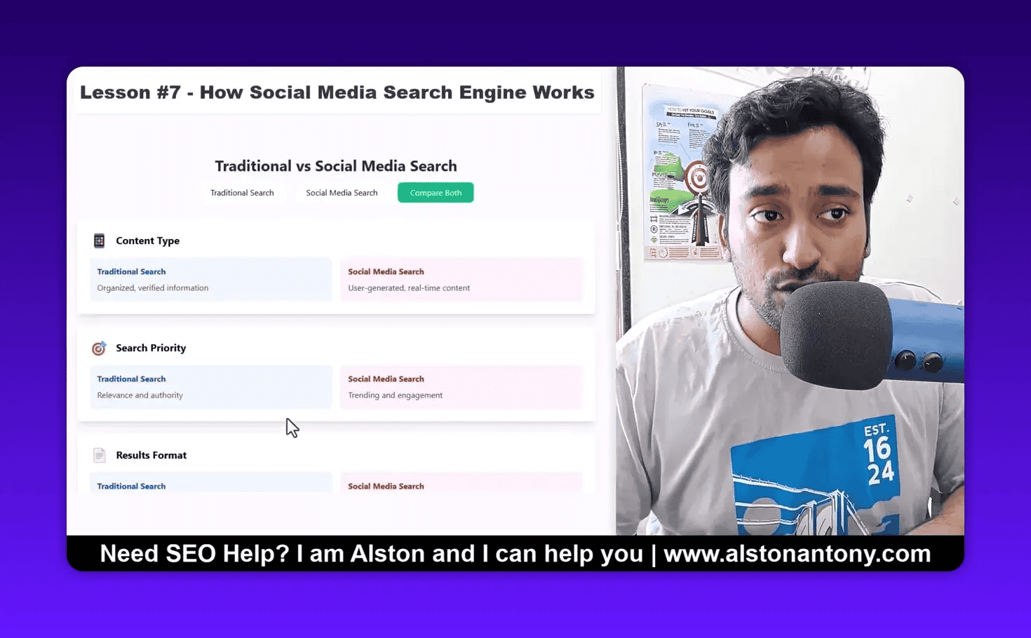 Screenshot of a slide titled 'Traditional vs Social Media Search' showing 'Content Type' and 'Search Priority' boxes with the presenter at a microphone.
