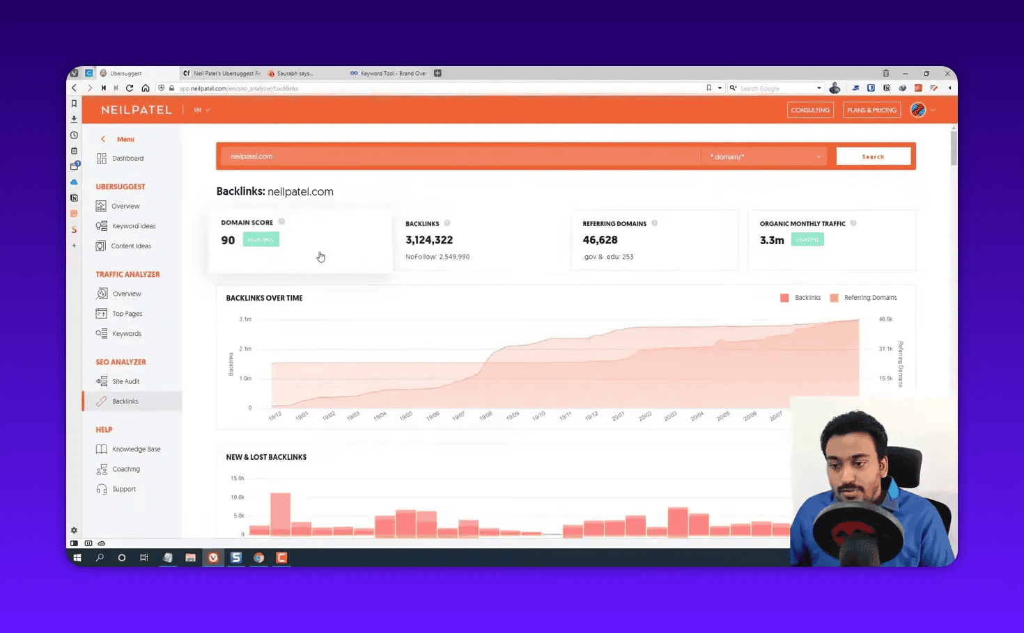 Ubersuggest backlinks report for neilpatel. com showing domain score, total backlinks, referring domains, and growth chart