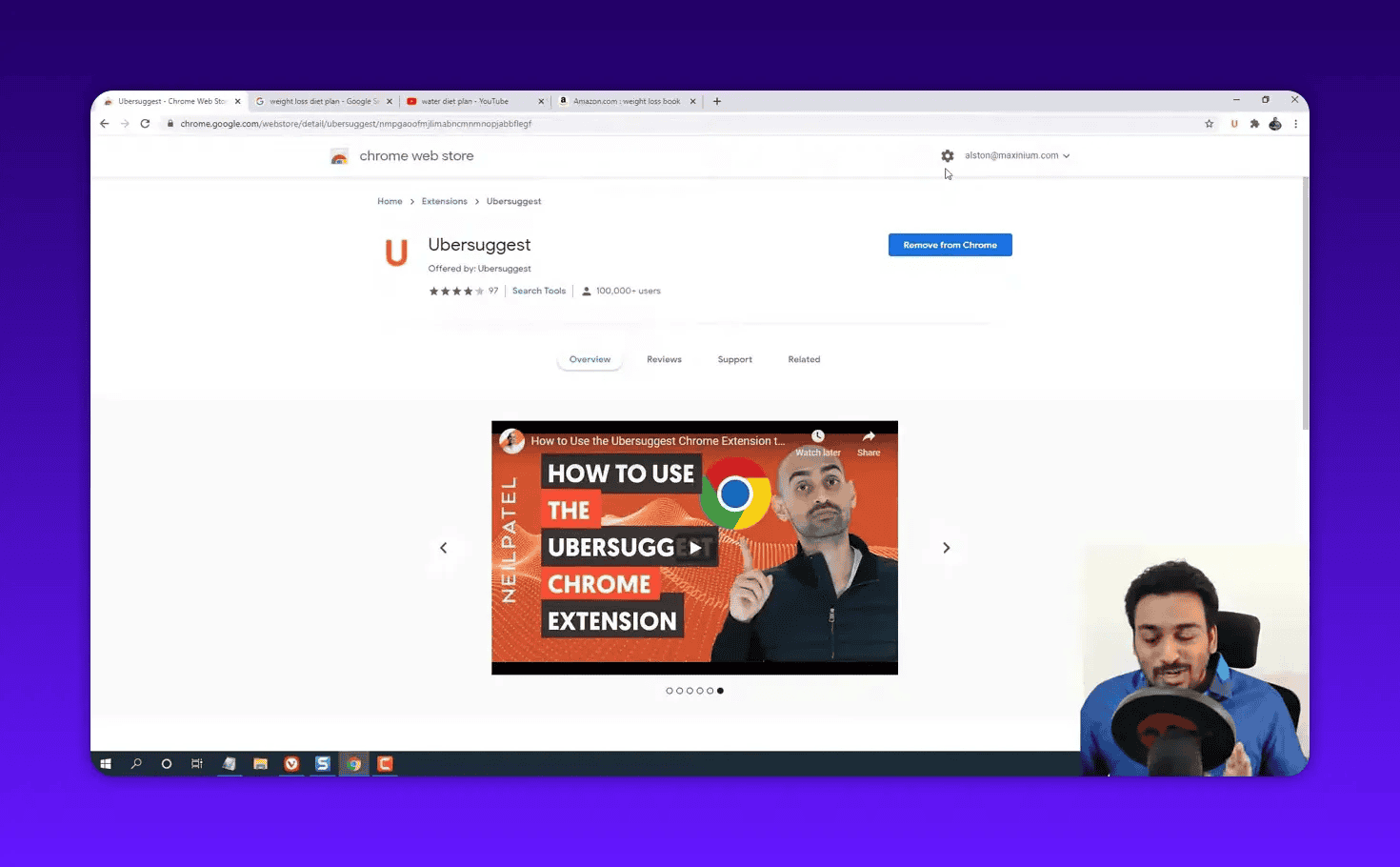 Ubersuggest Chrome extension Web Store page showing a demo video thumbnail
