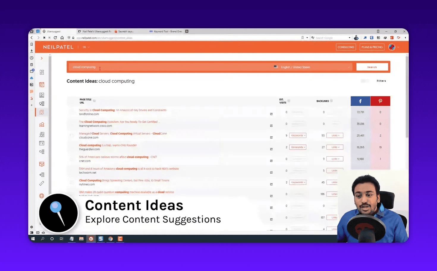 Ubersuggest content ideas results showing article titles, estimated visits, backlinks, and social shares