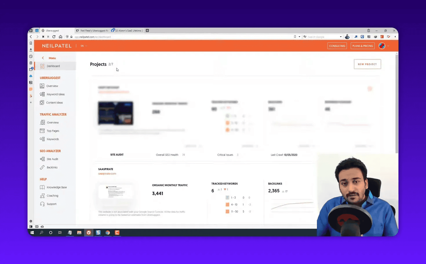 Ubersuggest projects dashboard showing organic monthly traffic, tracked keywords, and backlinks overview