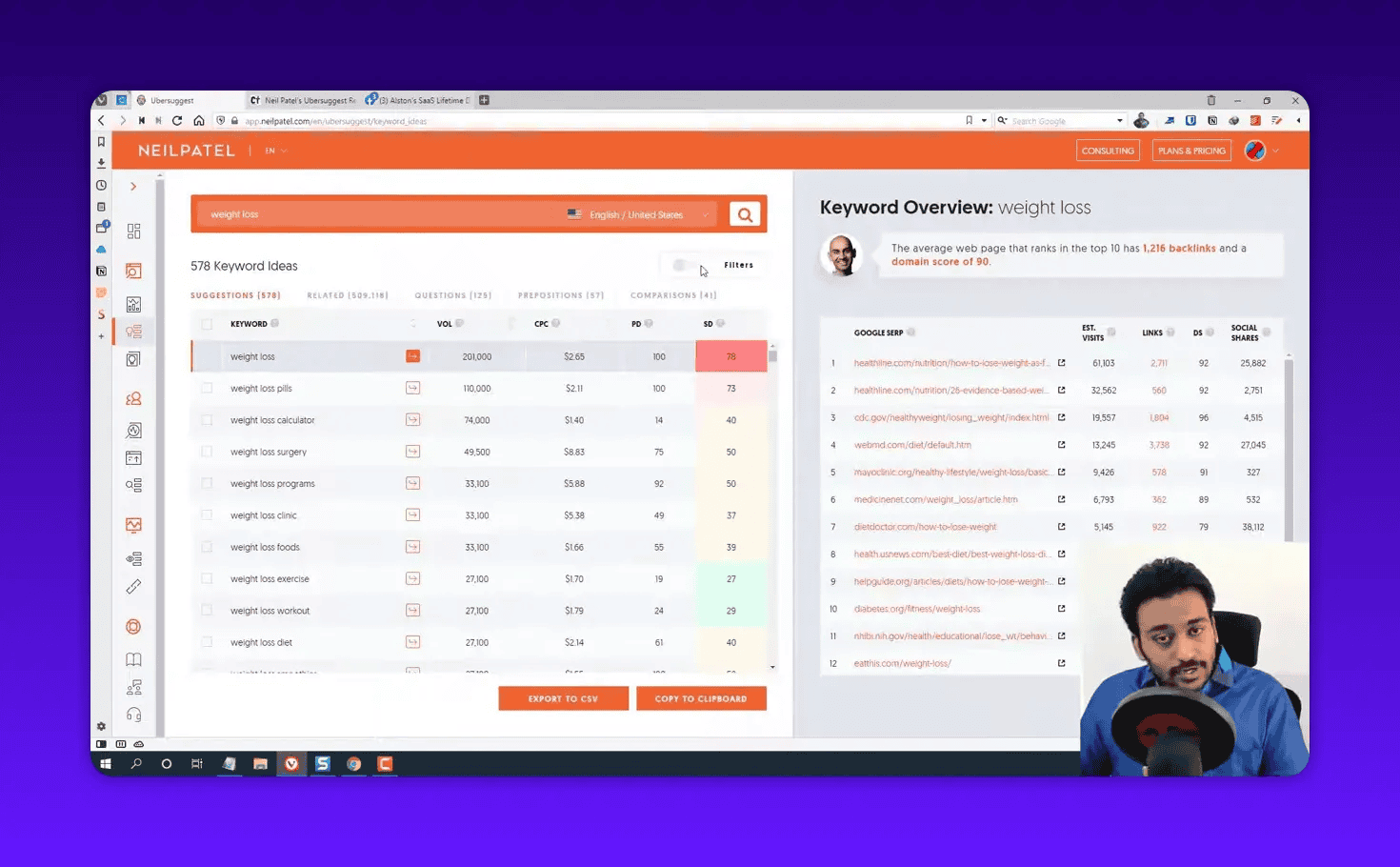 Ubersuggest keyword ideas table showing monthly volumes, CPC, and SEO difficulty scores