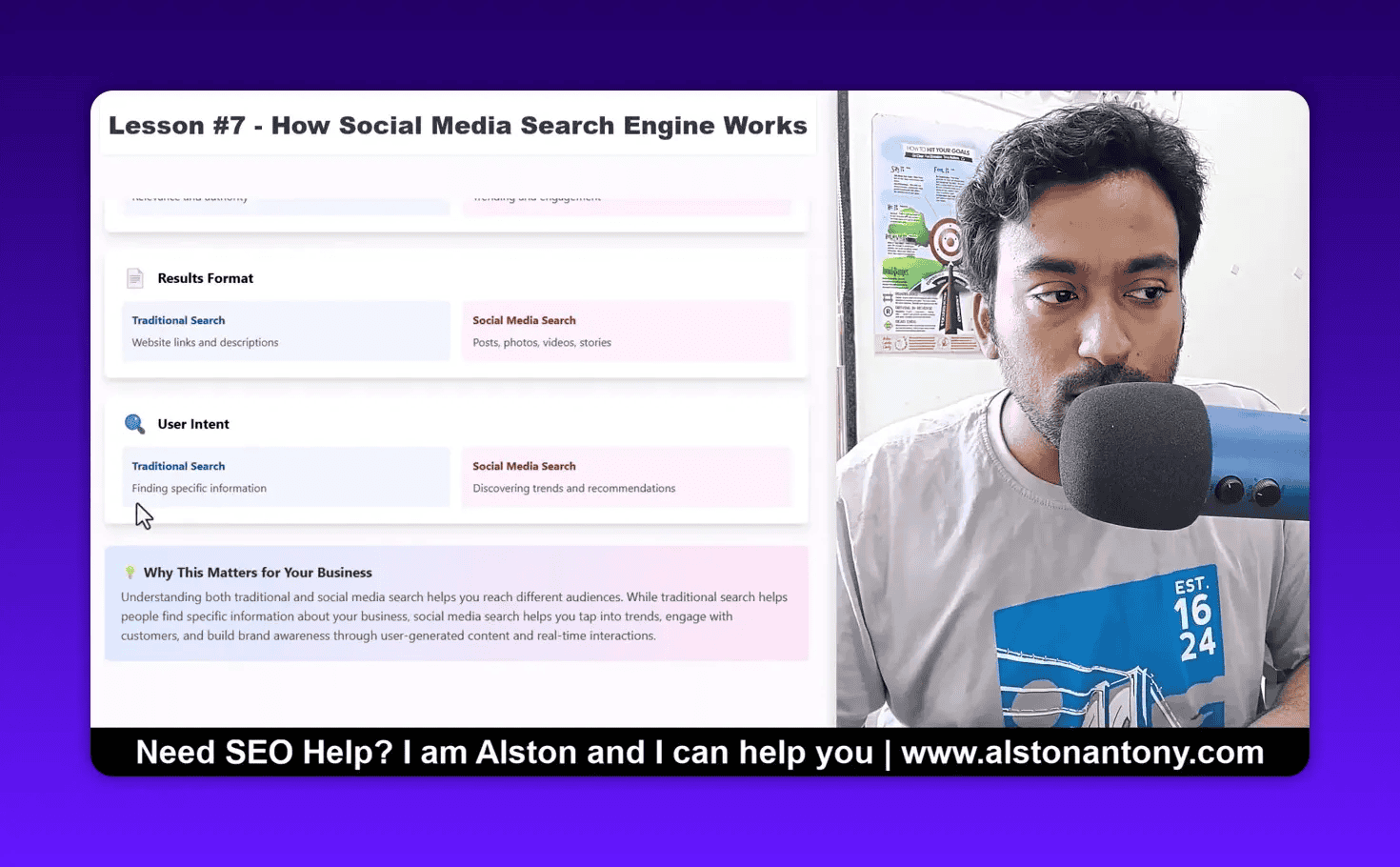 Clear screenshot of 'User Intent' comparison (Traditional Search vs Social Media Search) with presenter pointing toward the slide