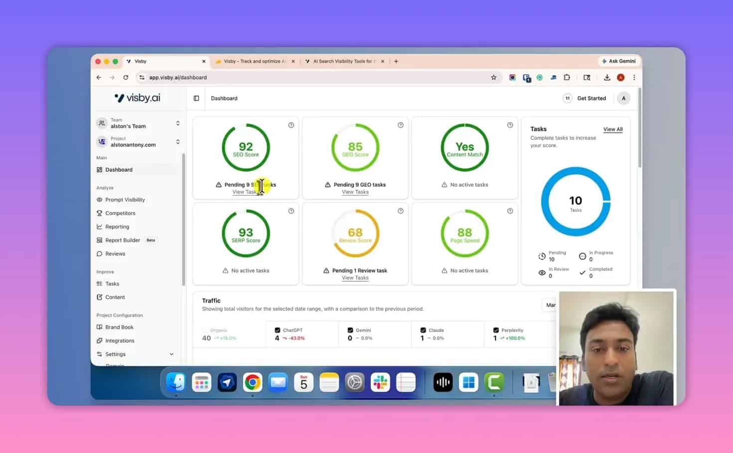 Visby AI dashboard view with SEO and GEO task counts and traffic section