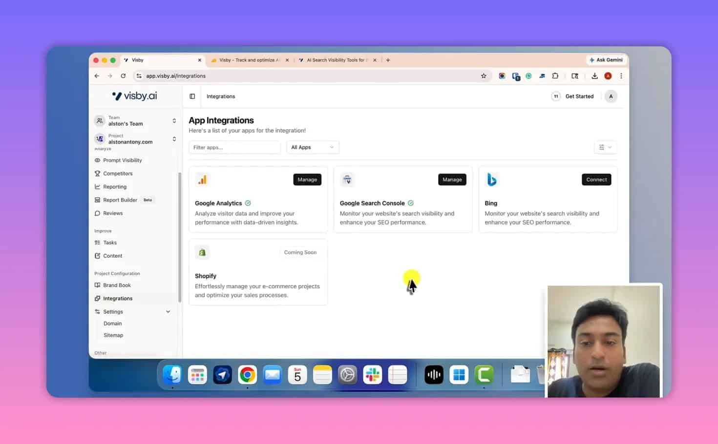 Visby AI integrations page listing connected apps like Google Analytics and Shopify coming soon