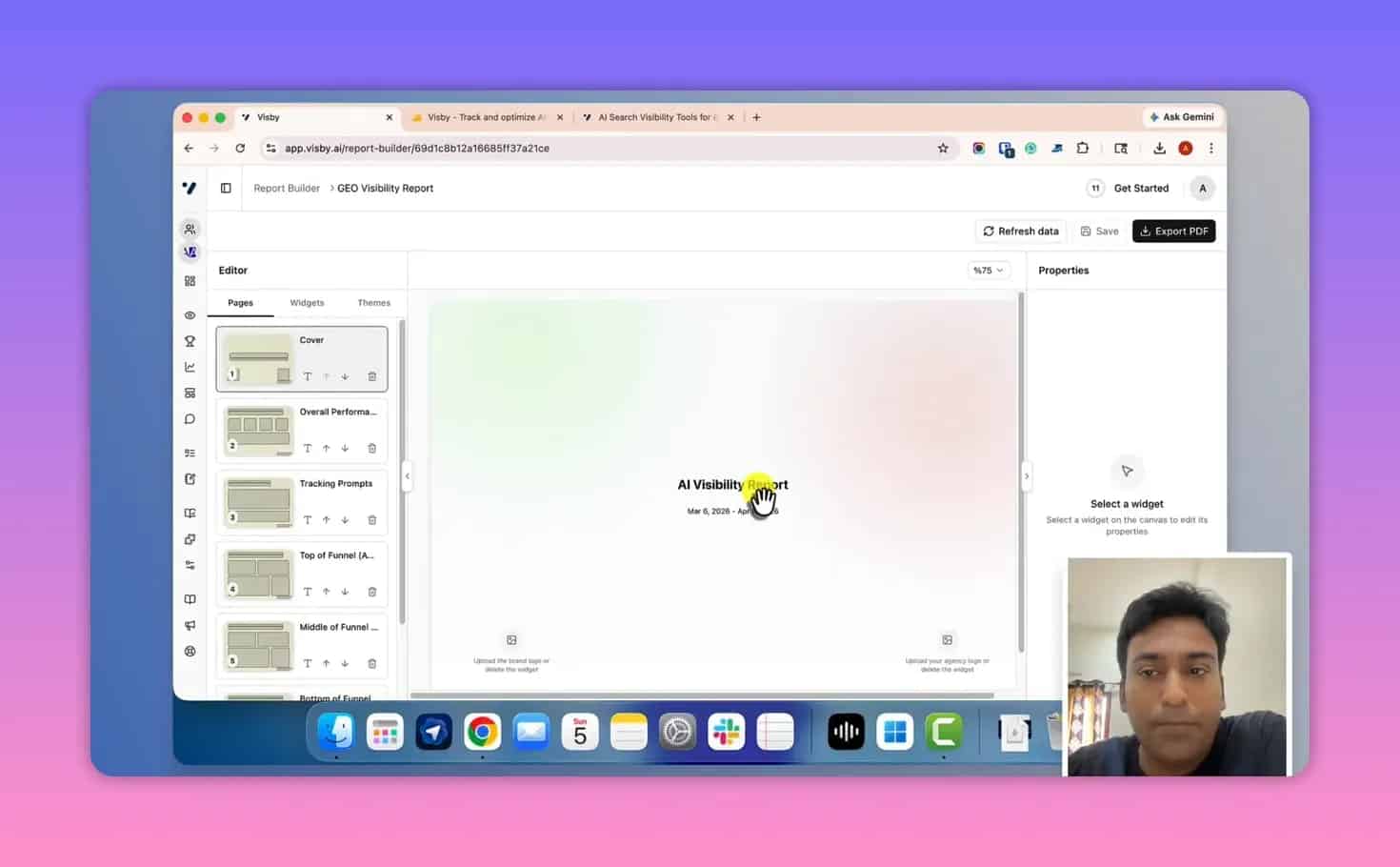 Visby AI Report Builder editor showing an AI Visibility Report canvas with widgets and properties panel