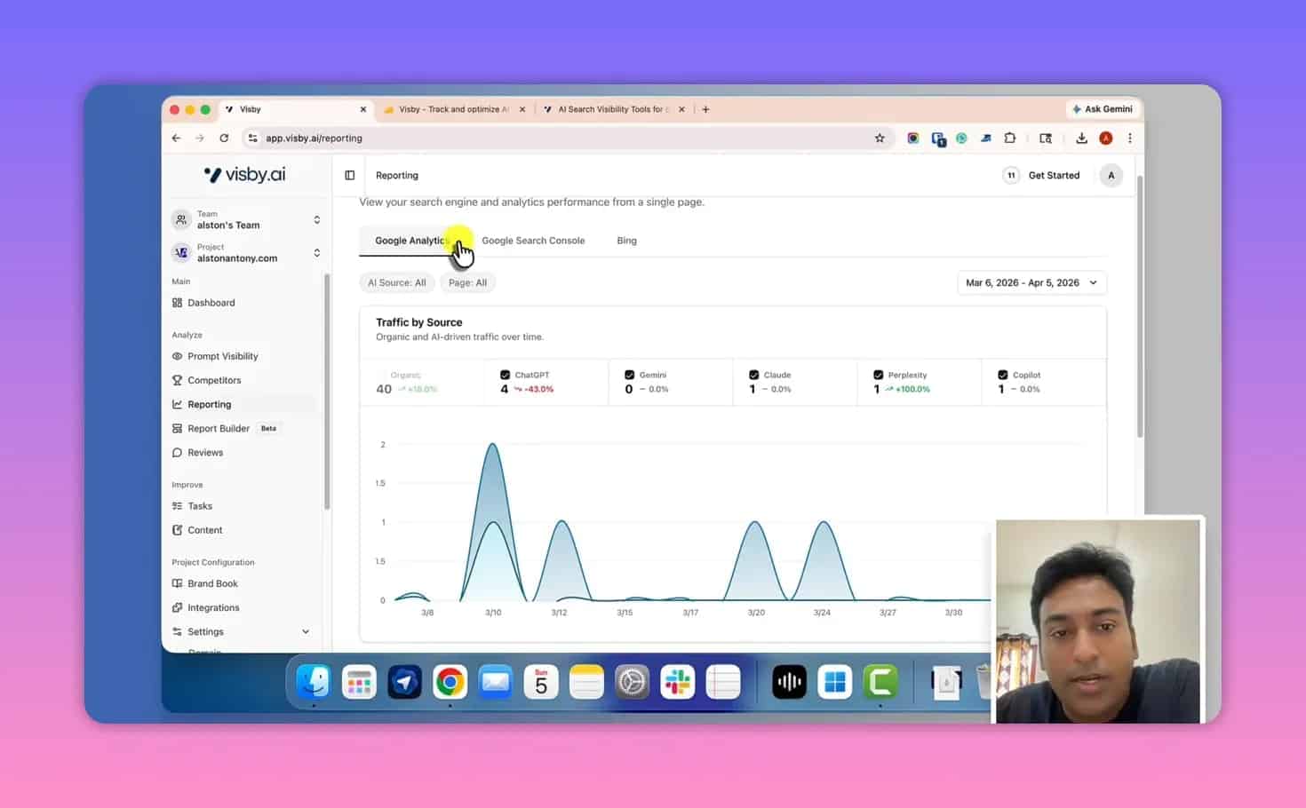 Visby AI reporting dashboard traffic by AI source chart with date range selector
