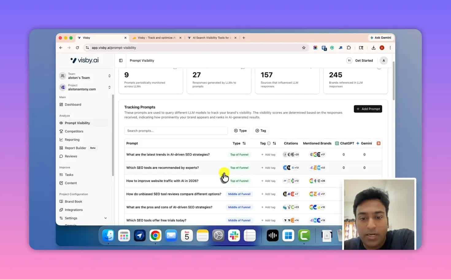 Visby AI Tracking Prompts table with funnel stages, citations, and AI model mentions