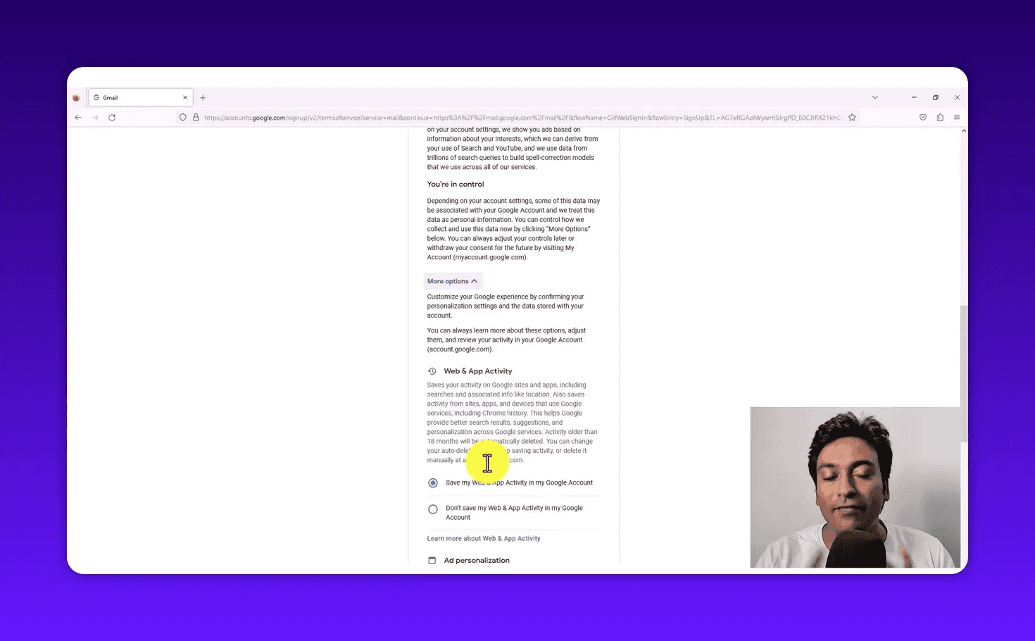 Google privacy 'More options' section with Web & App Activity radio buttons visible