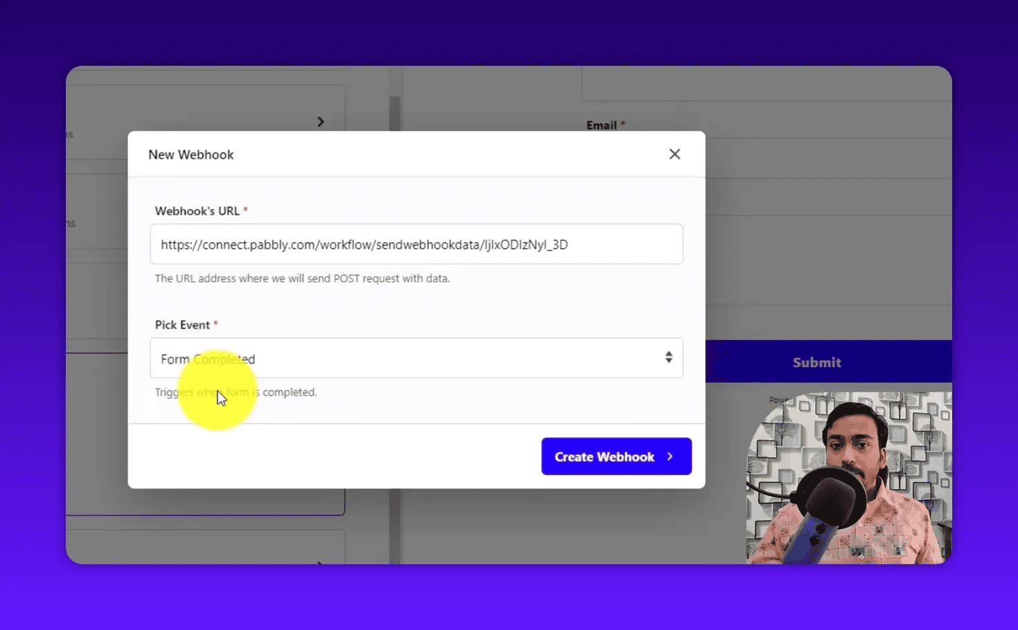 Clear New Webhook modal showing full webhook URL field, 'Form Completed' event, and Create Webhook button