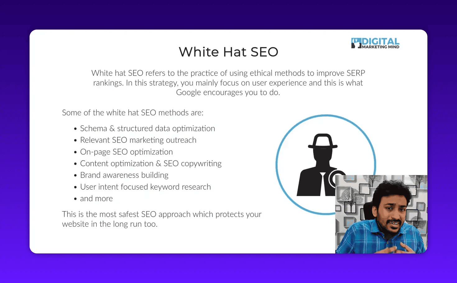 Presentation slide titled 'White Hat SEO' listing ethical SEO methods with a small presenter window in the bottom-right.