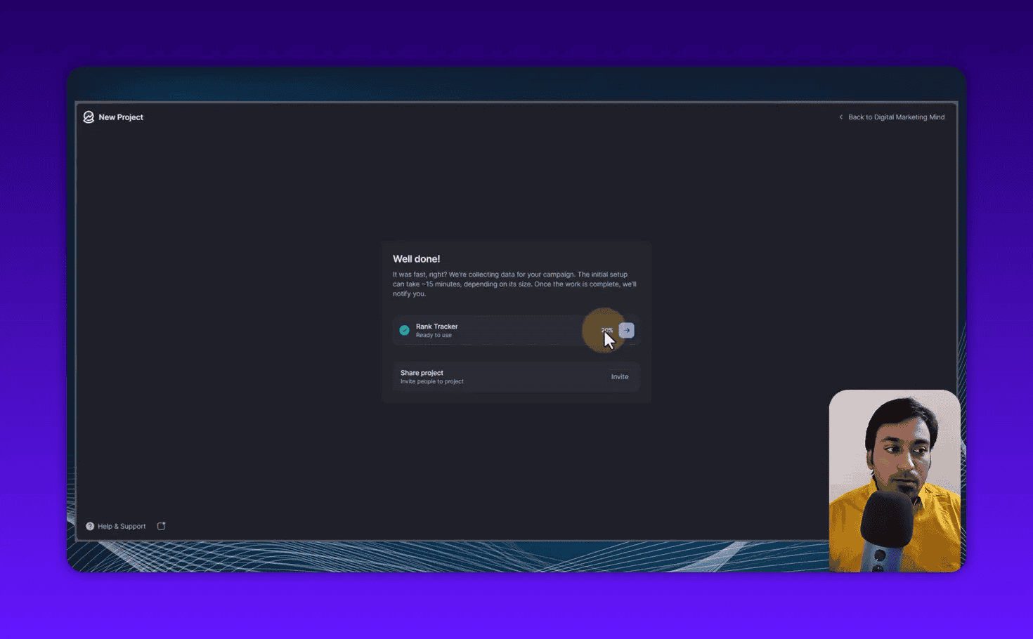 Wope 'Well done!' modal with 'Rank Tracker Ready to use', a visible progress circle and mouse cursor, and a presenter inset in the bottom-right corner.