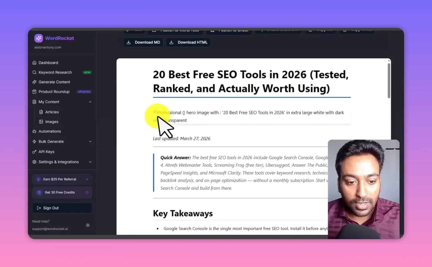 WordRocket listicle draft preview showing 20 Best Free SEO Tools in 2026 and Key Takeaways