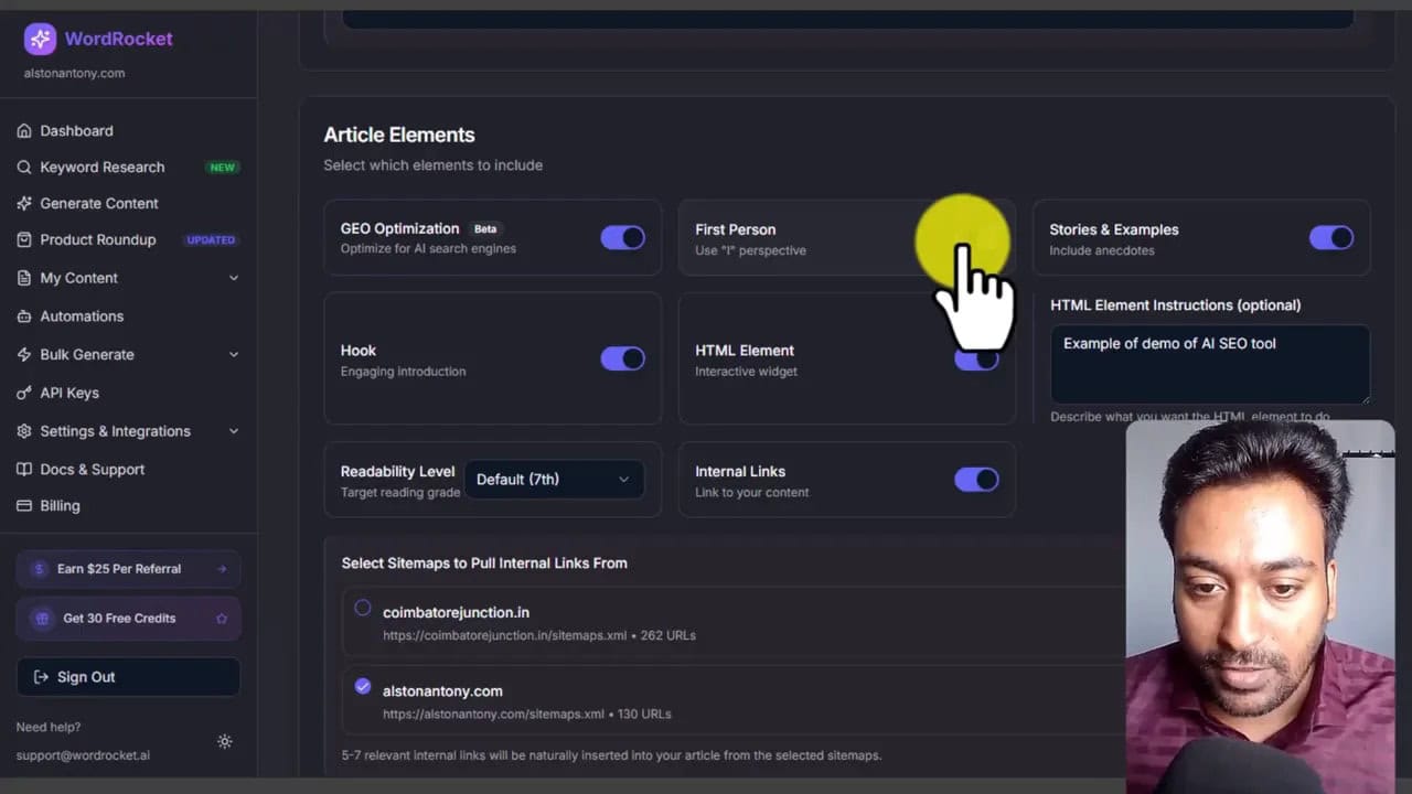 WordRocket Article Elements settings showing GEO Optimization, First Person, Stories & Examples, and internal links from selected sitemaps