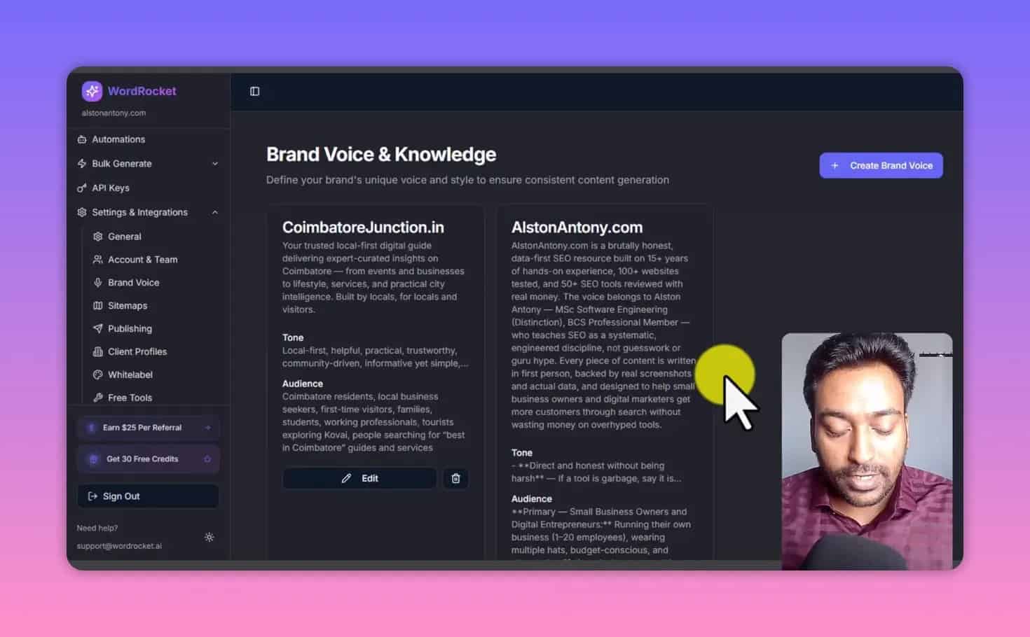 WordRocket brand voice and knowledge panel for consistent content generation