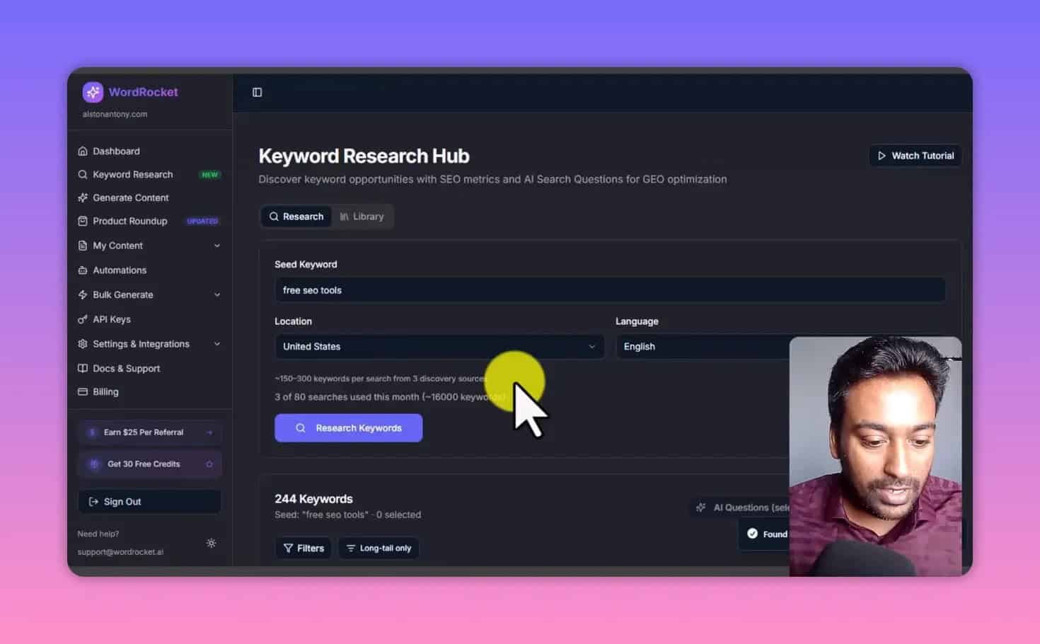 WordRocket Keyword Research Hub showing 244 keywords results after research run