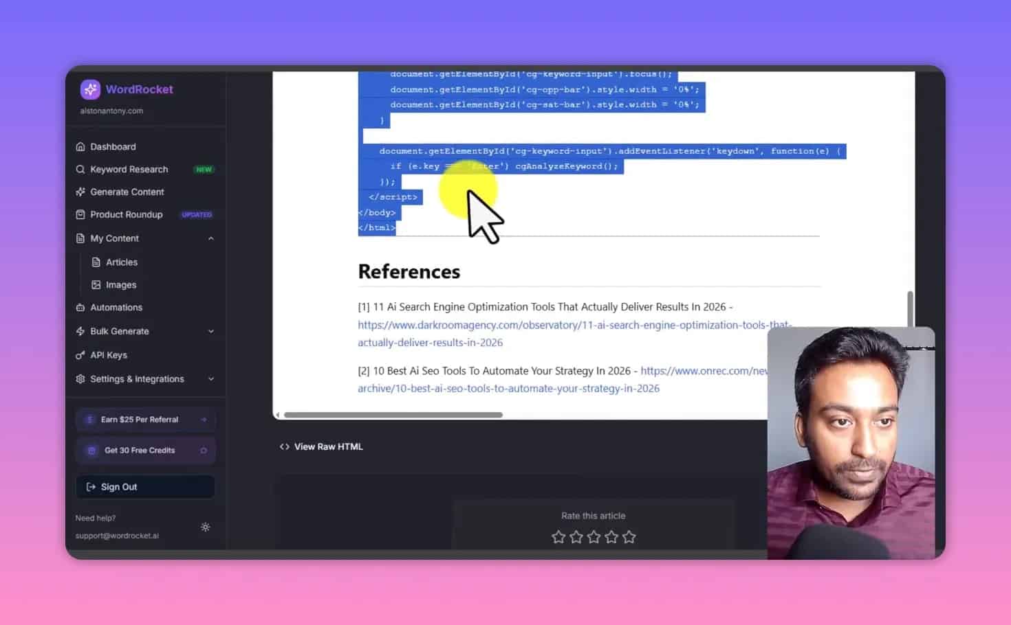 WordRocket preview showing a References section with numbered source links