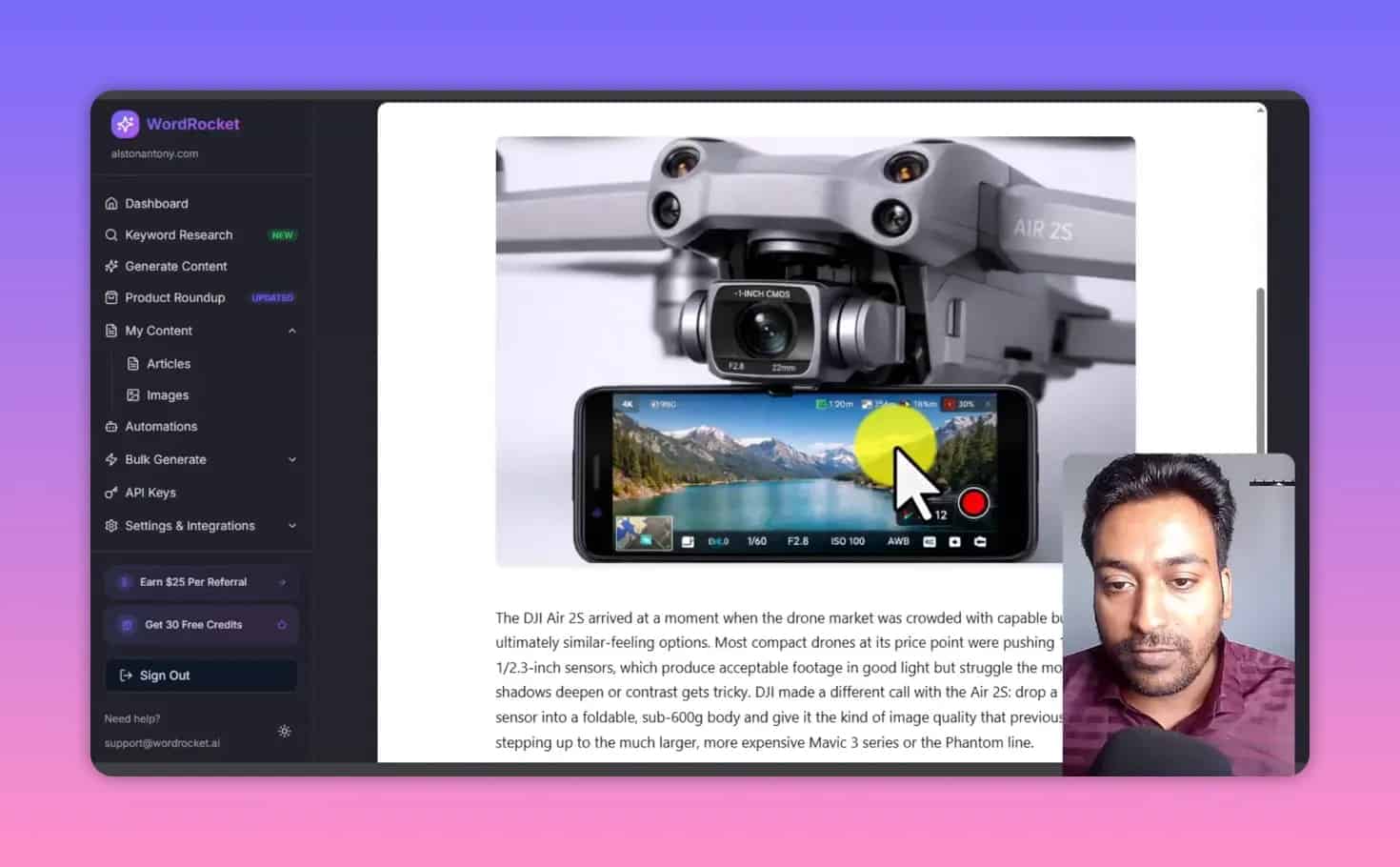 WordRocket product review preview showing a DJI Air 2S drone image with supporting text